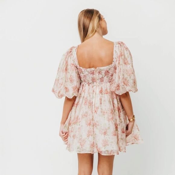 Sofie the Label Floral Smocked Mini Dress in Peach-jj6 - Picture 3 of 12